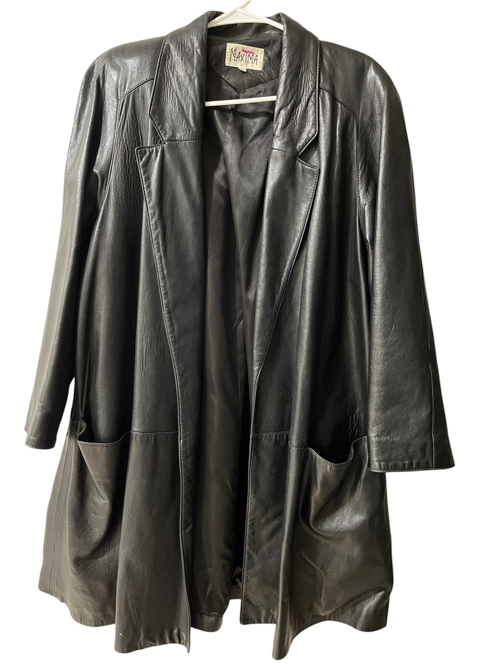 Maxima Black Leather Long Blazer Coat